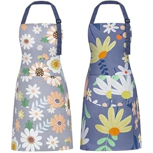 2 Pack aprons for Women with Pockets, Adjustable Cotton Aprons, Cute Apron Women for Kitchen, Cooking, BBQ & Crafting(Grey/Leaves)