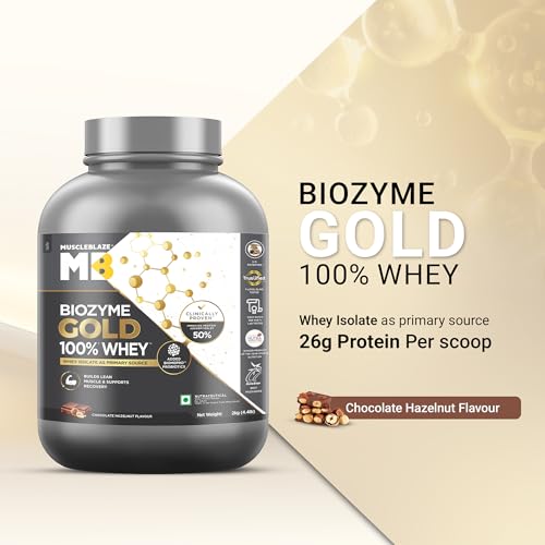 Image of MuscleBlaze Biozyme Gold 100% Whey Protein Powder, 2kg (4.4 lbs) | Chocolate Hazelnut | 26g Protein Per Scoop with Whey Isolate as the Primary Protein Source
