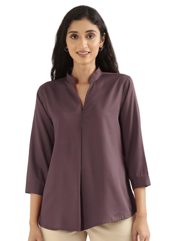 Image of SAADAA Top for Women, Viscose Pleated Tops, V-Neck with a Collar, 3 /4 Sleeve Length, Office & Casual Wear