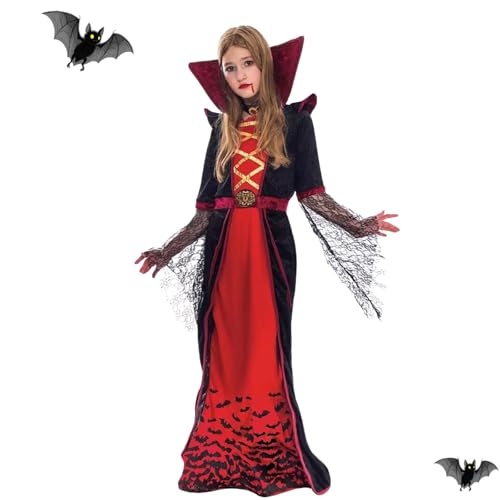 AQDJWHM Disfraz Vampiresa Niña, Disfraz Halloween Niña, Vestido de Halloween para 6 8 Años Estilo Gótico Medieval de Reina para Carnaval y Fiesta Temática de Vampiros (L)