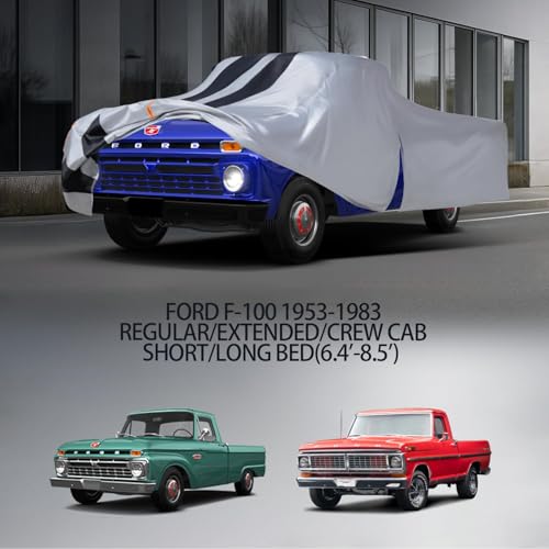 Image of Ford F100 Truck Cover Custom Fit 1953-1983 Regular /Extended /Crew Cab Short(6.4'-8.5') with Door Zipper, 10 Layers Outdoor Pickup Truck Cover Waterproof All Weather, Wind Dust Sun Protector.