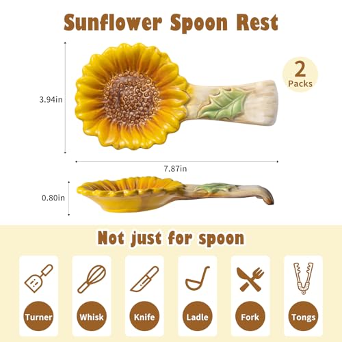 2 Pack Spoon Rest for Stove Top, Sunflower Ceramic Spoon Holder for Kitchen Counter Cooking Utensil Ladle Spatula Holder Cute Spoon Rest Sunflower Kitchen Decor Items House Warming Birthday Gift by Alarrar - Image 3