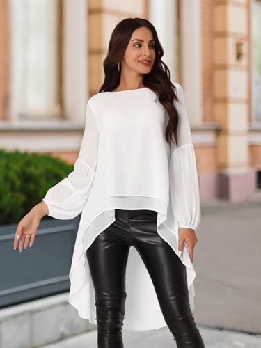 Seta T Women's High Low Tops Lantern Long Sleeve Round Neck Dressy Casual Chiffon Asymmetrical Tops Blouse4