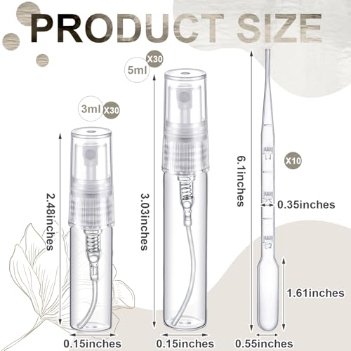 60 Pcs Clear Mini Glass Perfume Sample Spray Bottle, 5ml & 3ml Glass Decants for Perfumes Refillable with 10 Pcs 3ml Pipette, Portable Fine Mist Perfume Atomizer for Travel2