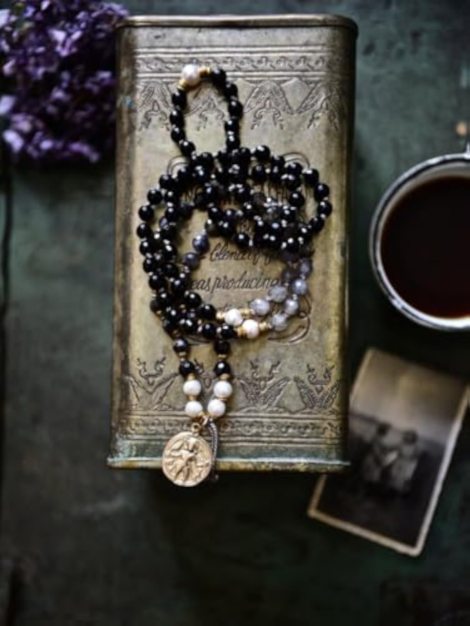 Natural Iolite & Freshwater Pearl Beaded Handmade Prayer Mala Necklace