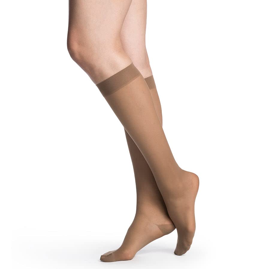 Image of SIGVARIS Women's Style Sheer 780 Open Toe Calf-High Socks 20-30mmHg - Cafe - Medium Short
