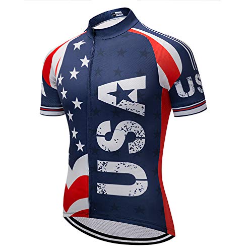 JPOJPO Men's Cycling Jersey USA Bike Shirt America Quick-Dry,Reflective,3-Pockets,S-3XL