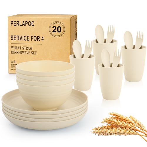 Image of Kitchen Wheat Straw Dinnerware Sets for 4, Unbreakable Kids Dish Set 20 PCS - Dinner Plate /Cereal Bowl /Cup /Fork /Spoon, for Outdoor Camping, RV, Apartment Essentials - Beige
