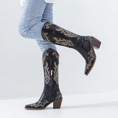 Image of ADAMUMU Womens Wide Calf Cowboy Boots Classic Western-Style Cowboys Boots for Women Pointed Toe Womens Cowgirl Boots with Chunky Heel Non-Slip Sole for Adding Timeless Elegance to Your Wardrobe