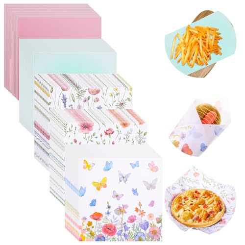 Havawish 400 Sheets Floral Wax Paper 12x12 Inch Dry Waxed Deli Paper for Wrapping, Greaseproof Sandwich Wrap Spring Floral Food Basket Parchment Papers for Picnic Bakery Kitchen Party Supplies