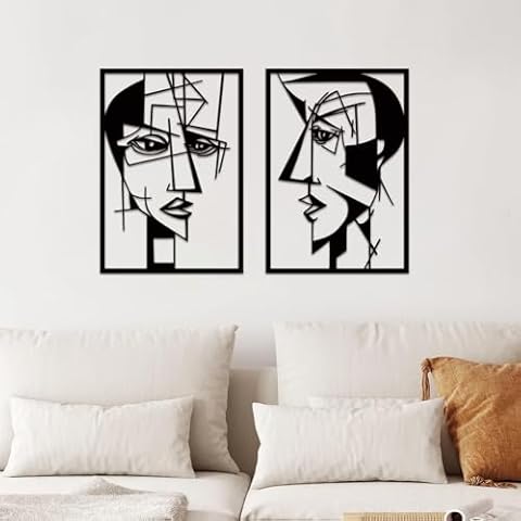 ESTART 2 Pieces Abstract Lover Faces Metal Wall Art, Minimalist Single Line Hanging Wall Decor, Modern Black Metal Wall Sculptures for Living Room Bedroom Bathroom Cover