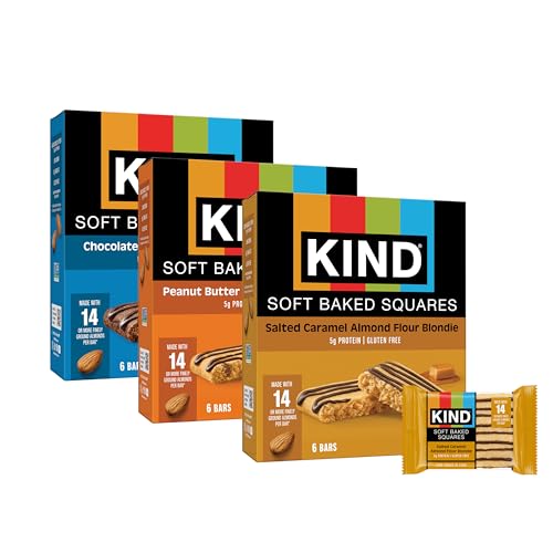KIND Soft Baked Squares, Variety Pack, Chocolate, Peanut Butter and Salted Caramel, Almond Flour Brownies, Healthy Snack Bars, Gluten Free, 5g Protein, 18 Count