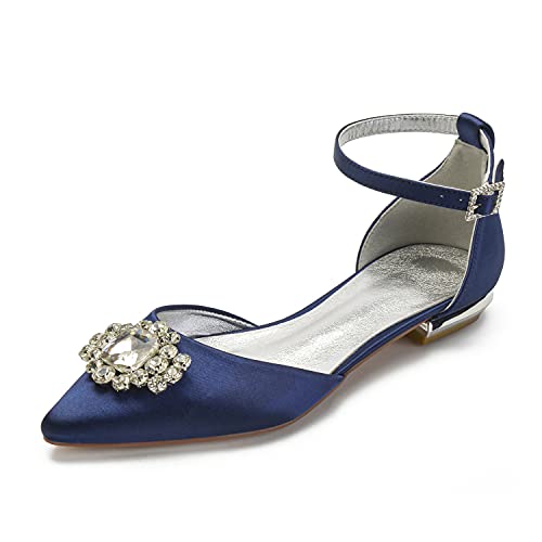WeFloHsL Womens Flat Wedding Shoes for Bride Ankle Strap Pointed Toe Satin Rhinestones Ballet Pumps 5047-68,Navy,8.5 UK