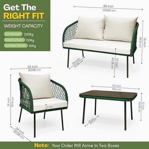 Image of DEVOKO Verde Outdoor Rope 4-Seater Sofa Set with Glass Top Table & Water-Repellent Cushions, Durable Metal Frame, Handwoven Furniture Perfect for Garden, Patio, Pool Deck & Balcony(Green & Off-White)