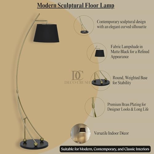 Image of Deco Crush Modern sculptural LED Floor Lamp Standing Brass Plating Antique Finish Gold 5.5ft Height with Matte Black Lampshade (Pack of 1)