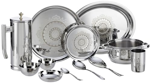 Image of Steelcraft Premium Stainless Steel Bliss Dinner Set (Laser) 57 Pcs, High Grade Quality-with Silver Touch Finish, Kitchen Set for Home, Made in India, Steel Colour