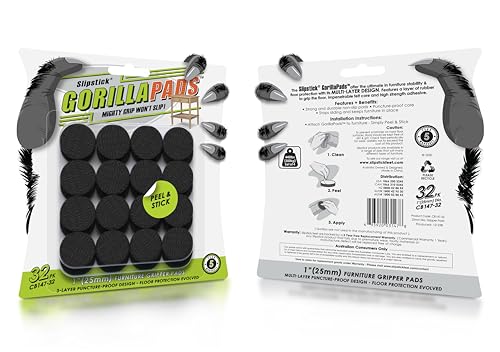 Image of GorillaPads 1 Inch Non-Slip Furniture Pads /Gripper Feet Skids (Set of 32) Self Adhesive Rubber Floor Protectors, Round, Black, CB147-32 (Pack of 2)
