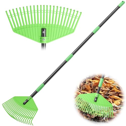 Rechen, 107cm Laubrechen mit Verstellbar Stiel mit Verstärkten 23Zinken, 42cm Große Fläche Gartenrechen Laubharke Rasenrechen aus Kunststoff zum Reinigen von Pflanzen, Rasen und Hof