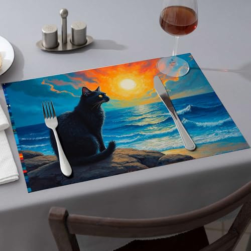 Sets de table résistants à la chaleur chat noir assiettes décoratives ocean 6pcs - 2