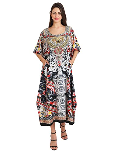 Miss Lavish London Kaftan Tunika in Übergröße, Maxikleid, Nachtwäsche, verziert Gr. 52-56, 133-schwarz