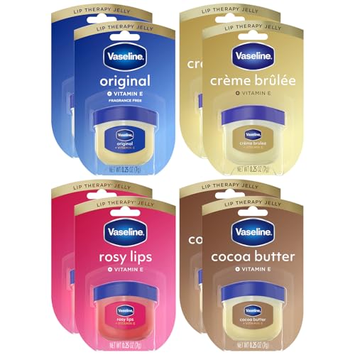 Vaseline Lip Therapy Variety 8-Pack Original Crme Brle Rosy Lips Cocoa Butter Mini Lip Balms for Soft Glowing and Deliciously Kissable Lips 0.25 Oz Ea