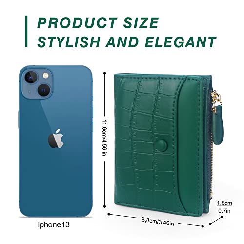 Small Wallet for Women, Leather Compact Bifold Womens Wallet with Zipper Coin Purse (Stone Pattern, Dark green)4