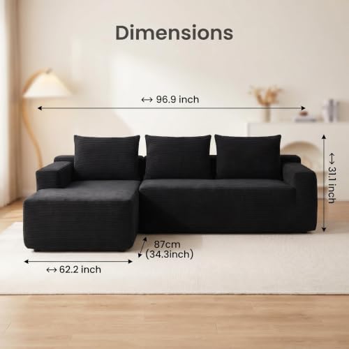 Image of Corduroy Boneless Couch for Living Room, 96 inch Cloud Sectional Couch with L-Shape Chaise, Modern Modular Sofa, Deep Seat Comfort, No Assembly Required