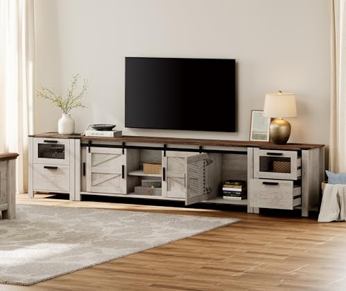 Image of WAMPAT TV Stand Set with Charging Station for 85 inch TV, Antique Oak