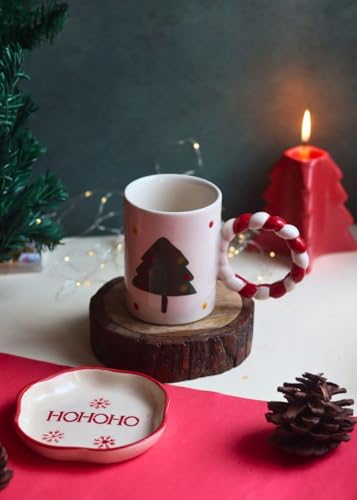 Image of WEAVING HOMES Handcrafted Ceramic Mug & Dessert Plate Set of 2 Multicolor Microwave Safe Christmas Mug & HOHOHO Dessert Plate