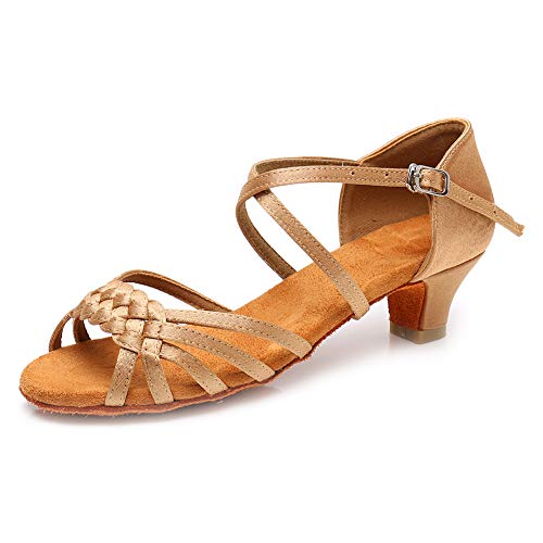 YKXLM Girls Latin Dance Shoes Kids Low Heels Tango Salsa Ballroom Practice Dance Shoes, 1208,Beige, 2.5 M Little Kid