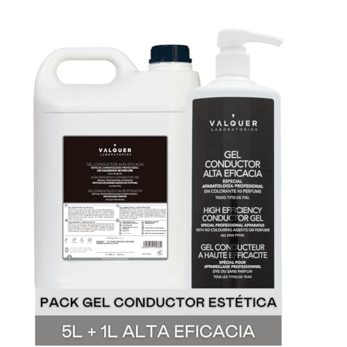 Valquer Gel Conductor de Ultrasonidos Facial y Corporal. Uso profesional en Radiofrecuencia, Depilación laser, Microcorrientes, Ipl y Cavitación. Base de Agua Incoloro e Inoloro. 1 L + 5 L.