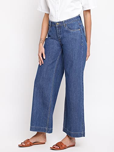 Image of Tales & Stories Women's Solid Dark Blue Cotton Ankle Length Flared Jeans-Y115110