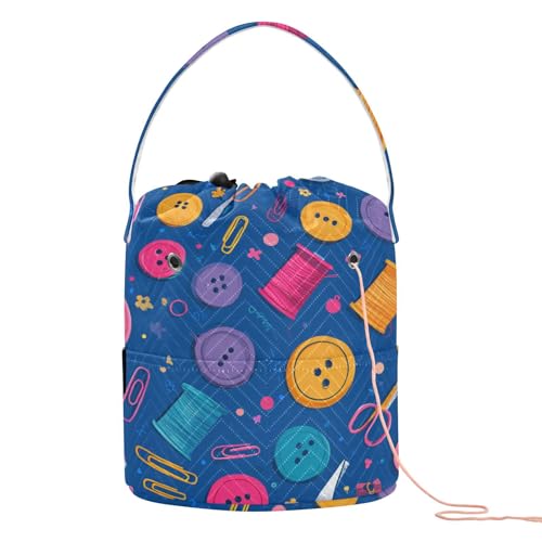 Image of ElliTarr Crochet Bag Yarn Bag with Handle Portable Knitting Project Bag Travel Yarn Storage Organizer Holder Case Blue Thread Buttons Clips Scissors