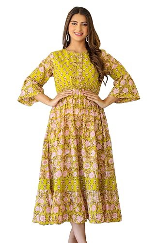 Image of Yash Gallery Women's Cotton Floral Printed Anarkali Maxi Dress