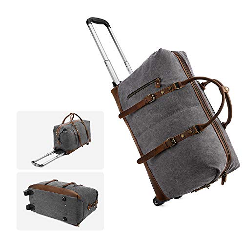 Kattee Rolling Travel Luggage Duffel Bag, 2 Drop Bottom Wheeled, Leather + Canvas, 50L (Dark Gray)