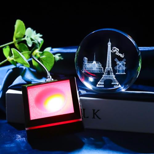 Image of 3D Crystal Ball Eiffer Tower Decor Paris Gifts for Women Men Snow Globe Ornament with LED Base Night Light, Laser Etched Eiffer Towe Statue Souvenirs France Gifts