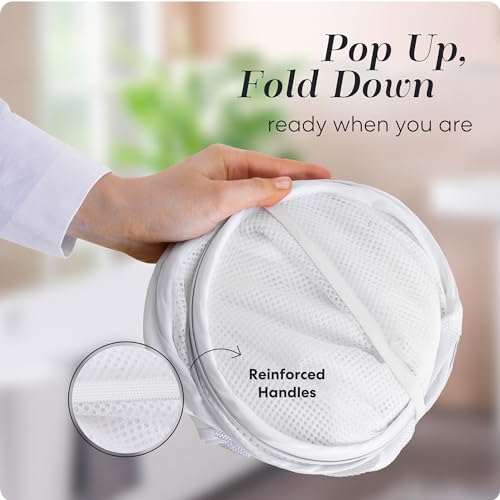 Image of Handy Laundry Collapsible Laundry Basket, 3-Compartment Mesh Laundry Sorter, Foldable Pop Up Hamper with Handles, Space-Saving Durable Organizer for Dorm, Bedroom, Travel, White