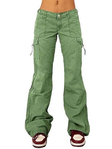 Flamingals Cargo Flared Leg Low Rise Casual Flap Pocket Denim Pants