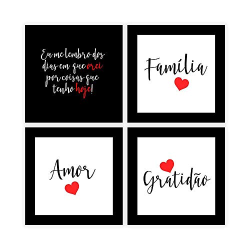 Kit 4 Quadros Decorativos 19x19 cm cada com MOLDURA Composê Família Amor Gratidão Vermelho