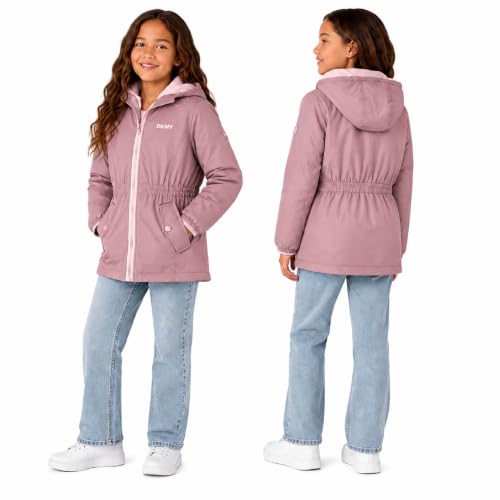 Image of DKNY Girls Midweight Jacket, Anorak Windbreaker, Polar Fleece Lined, Hooded