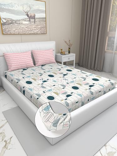 Image of Blue Strip 300 TC Cotton Feel Glace Cotton Elastic Fitted Printed Queen Size Double Bed Bedsheet with 2 Pillow Covers Fits Upto 8 inches,Size- 60x78x8 Inches