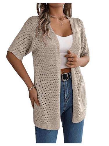 Verdusa Women'S Casual Cardigan Sweater Hollow Out Short Sleeve Open Front Lightweight Crochet Loose Knitted Cardigan Outwear Khaki Large cover