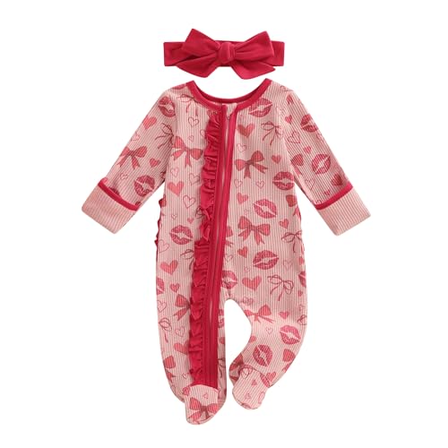 mlpeerw My First Valentines Day Baby Girl Outfit Newborn Heart Footie Jumpsuit Ruffle Zipper Romper Cute Baby Spring Clothes (Heart And Lip Print Red Newborn)