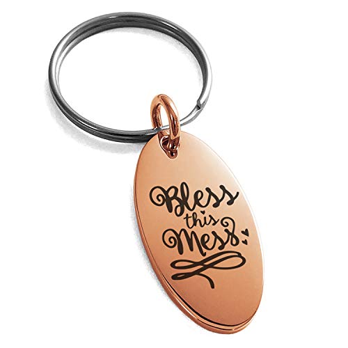 Stainless Steel Bless This Mess Small Oval Charm Keychain Keyring