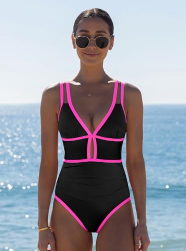 Image of popvil Women One Piece Swimsuit 2026 Tummy Control Sexy Cutout Neon Color Block Bathing Suit Slimming Adjustable Swimwear