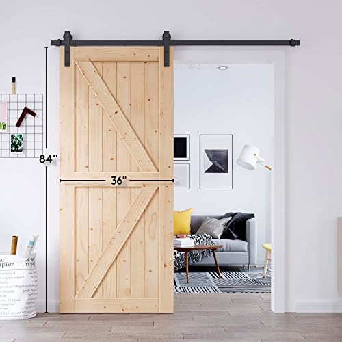 Easelife 36In X 84In Sliding Barn Wood Door,Interior Doors,Diy Assemblely,Solid Natural Spruce Panelled Slab,Easy Install,Apply To Rooms & Storage Closet,K-Frame #TOP6