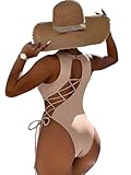 Lilosy Sexy Lace Up Open Back One Piece Swimsuit High Cut Leg Bikini Cutout Thong Cheeky Brazilian Bathing Suit Women Drawstring String Tie Side Monokini Ribbed Khaki Medium