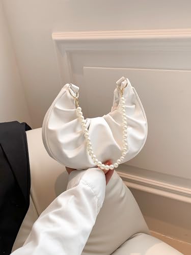 Image of SweatyRocks Women's Elegant Clutch Purse Pearl Strap Shoulder Handbag Small Leather Ruched Bag