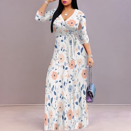 Image of PinkPatty Plus Size Maxi Dress for Women Casual V Neck 3 /4 Sleeve Boho Printed Long Dress with Pockets