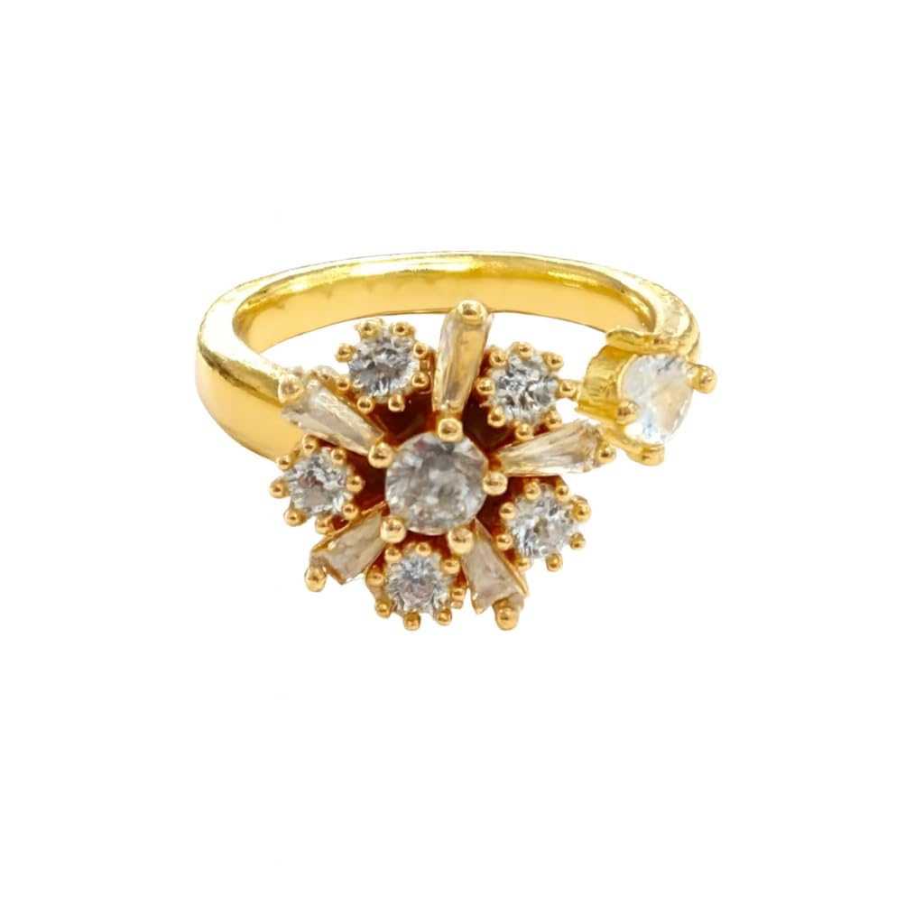 Elegant Gold Plated Crystal Flower Ring with Spinning 4-Leaf Clover Design, Cubic Zirconia Diamonds, Adjustable Size, Rotating Fidget Ring for Women ,Flower Design Rotatable Spinner Stress Relief Anti Anxiety Calming Worry Relief Meditation Fidget Ring For Women and Girls-image-1